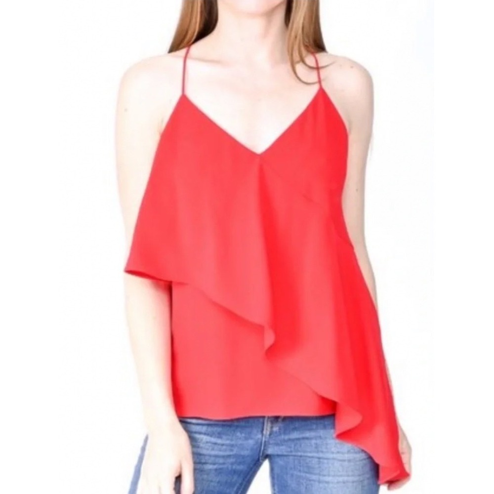 Amanda Uprichard Red Asymmetric Ruffle Cami Top Racerback V-Neck Large